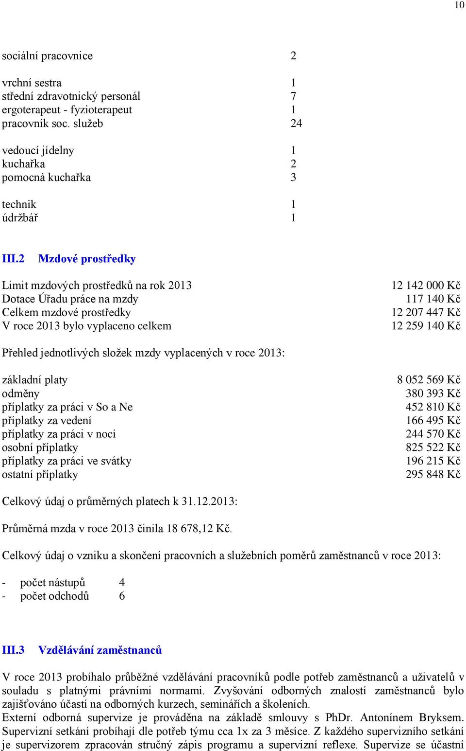 2 Mzdové prostředky Limit mzdových prostředků na rok 2013 Dotace Úřadu práce na mzdy Celkem mzdové prostředky V roce 2013 bylo vyplaceno celkem 12 142 000 Kč 117 140 Kč 12 207 447 Kč 12 259 140 Kč