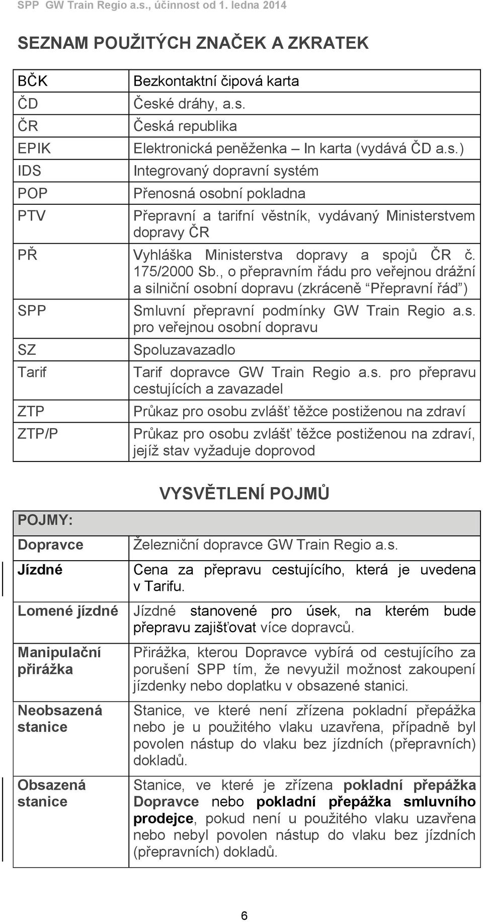 175/2000 Sb., o přepravním řádu pro veřejnou drážní a silniční osobní dopravu (zkráceně Přepravní řád ) SPP SZ Tarif ZTP ZTP/P Smluvní přepravní podmínky GW Train Regio a.s. pro veřejnou osobní dopravu Spoluzavazadlo Tarif dopravce GW Train Regio a.