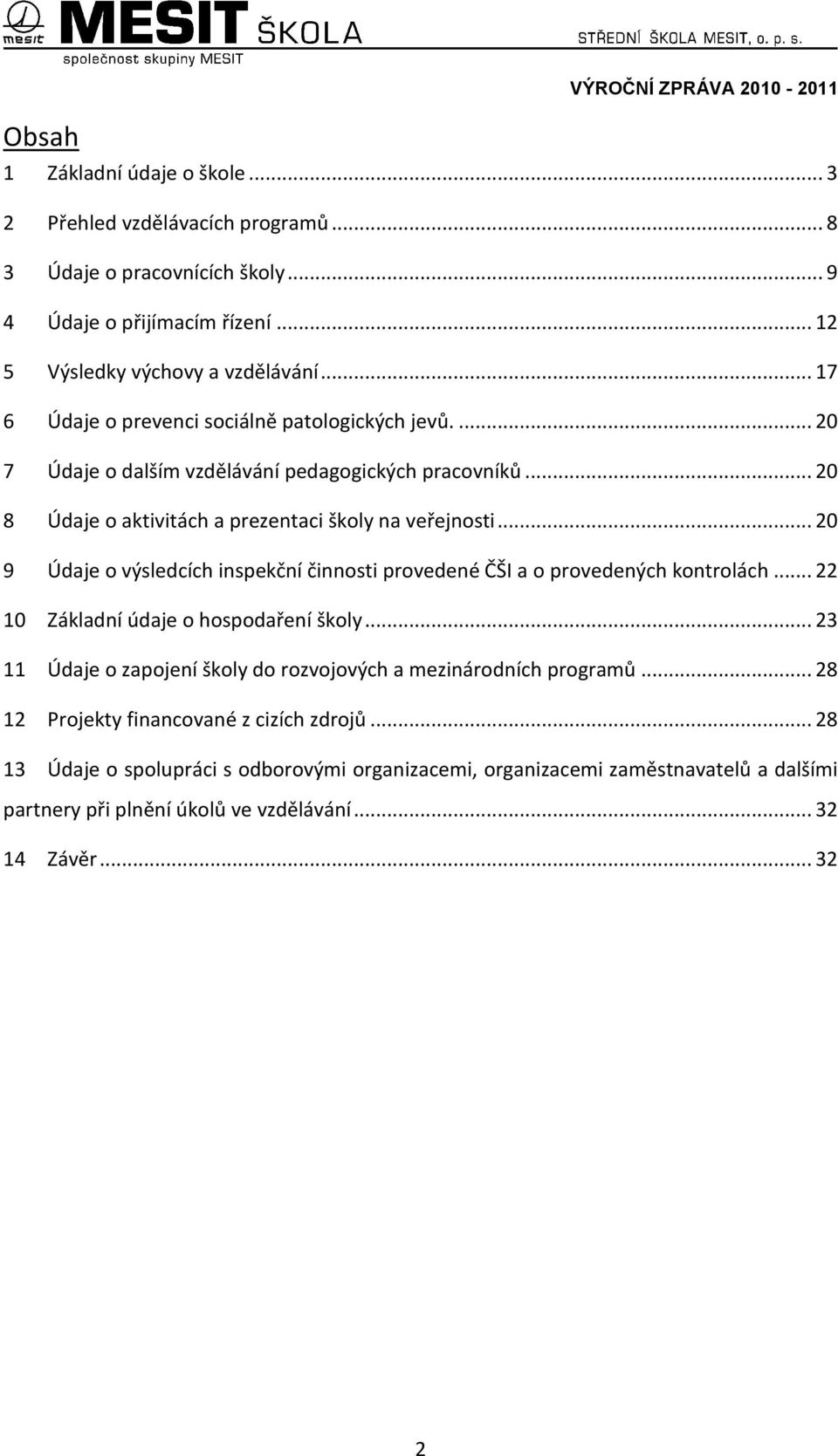 .. 20 8 Údaje o aktivitách a prezentaci školy na veřejnosti... 20 9 Údaje o výsledcích inspekční činnosti provedené ČŠI a o provedených kontrolách... 22 10 Základní údaje o hospodaření školy.