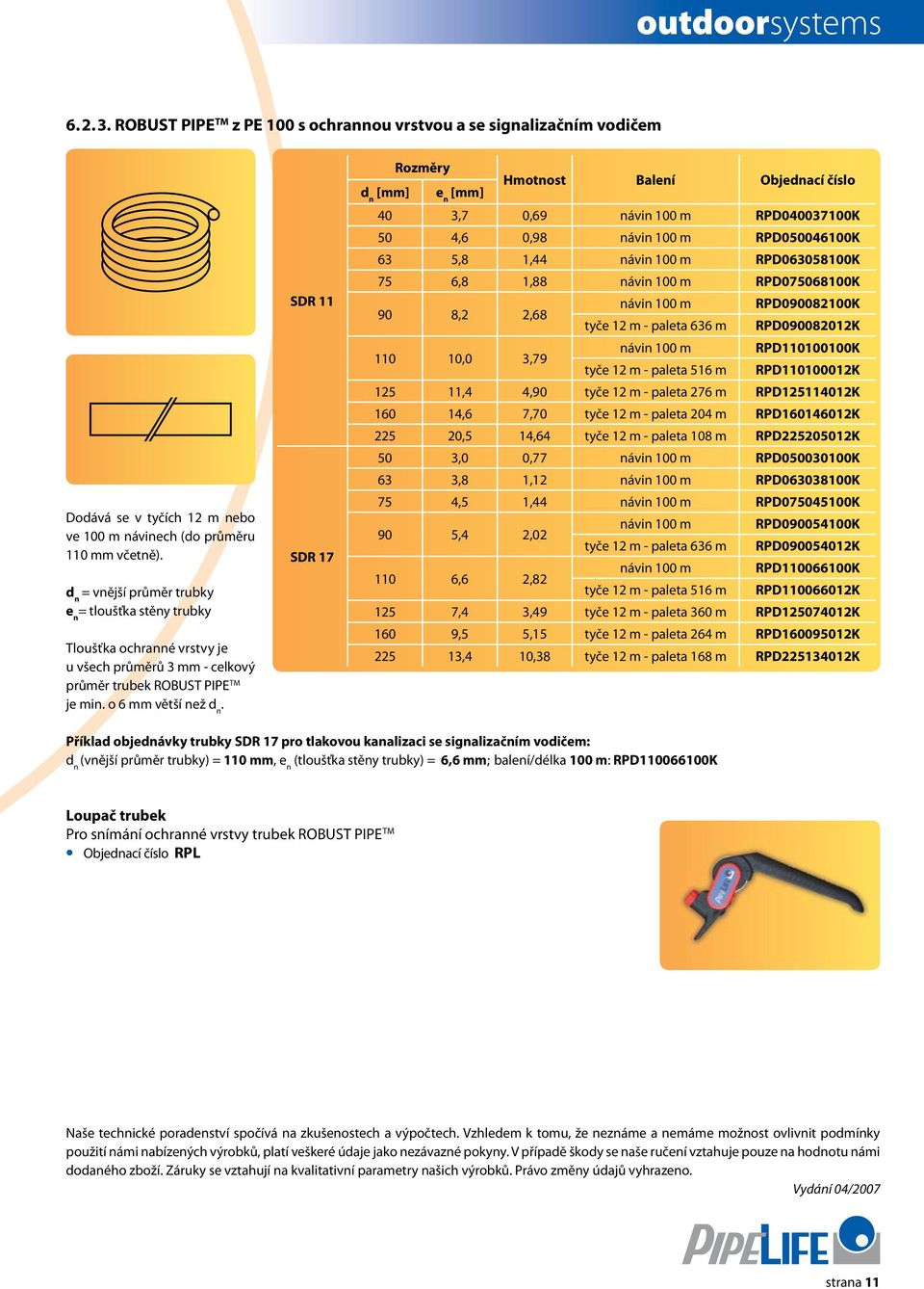 sdr 11 sdr 17 Rozměry [mm] e n [mm] Hmotnost balení Objednací číslo 40 3,7 0,69 RPD040037100K 50 4,6 0,98 RPD05004100K 63 5,8 1,44 RPD03058100K 75 6,8 1,88 RPD07508100K 90 8,2 2,68 RPD09008100K tyče