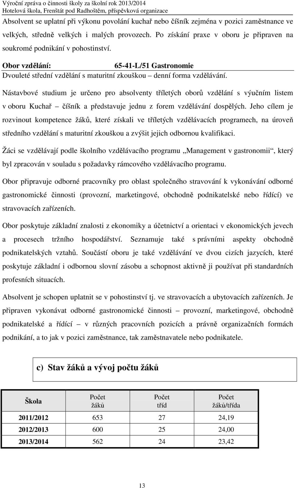 Nástavbové studium je určeno pro absolventy tříletých oborů vzdělání s výučním listem v oboru Kuchař číšník a představuje jednu z forem vzdělávání dospělých.