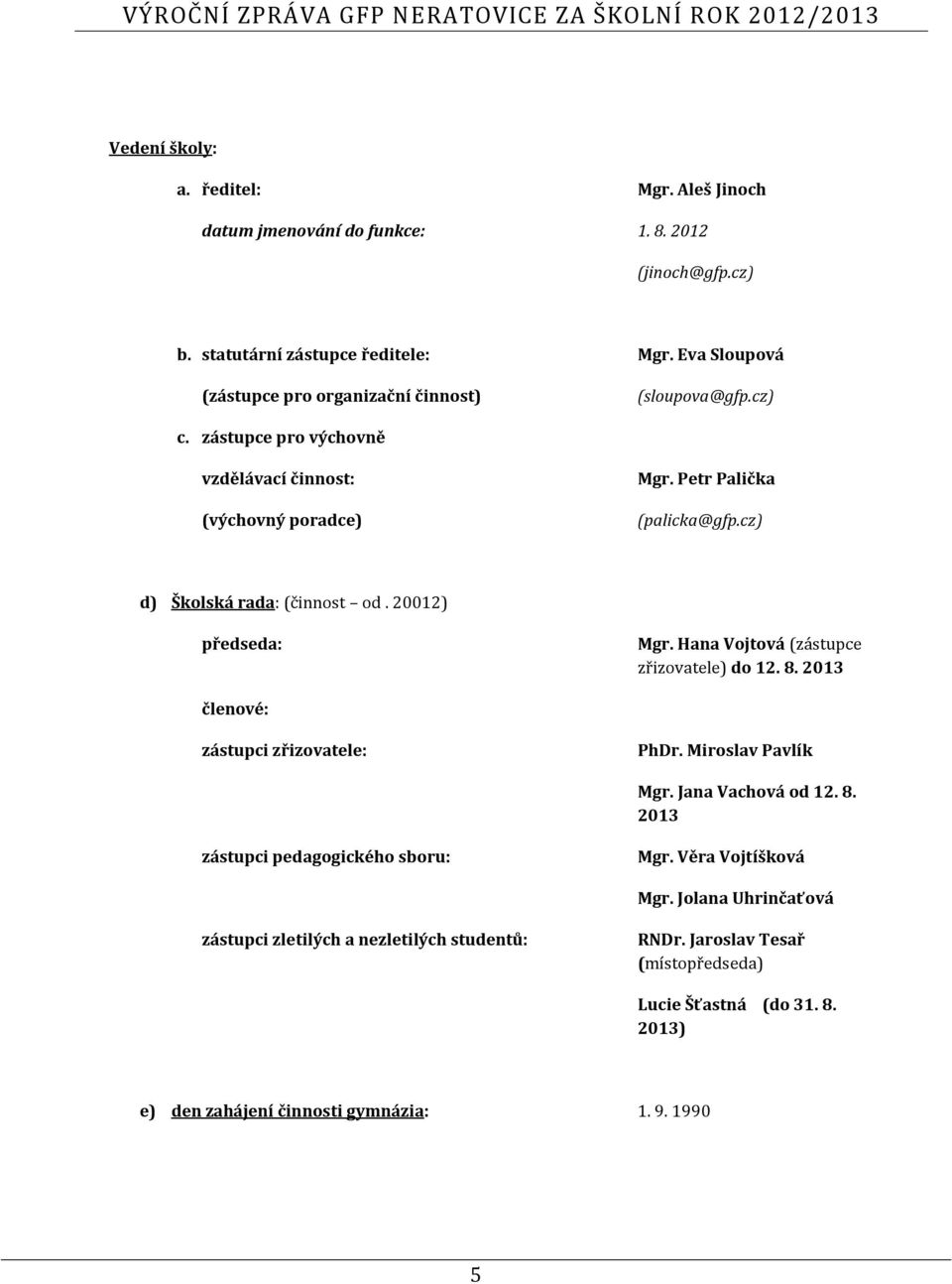 cz) d) Školská rada: (činnost od. 20012) předseda: Mgr. Hana Vojtová (zástupce zřizovatele) do 12. 8. 2013 členové: zástupci zřizovatele: PhDr. Miroslav Pavlík Mgr.