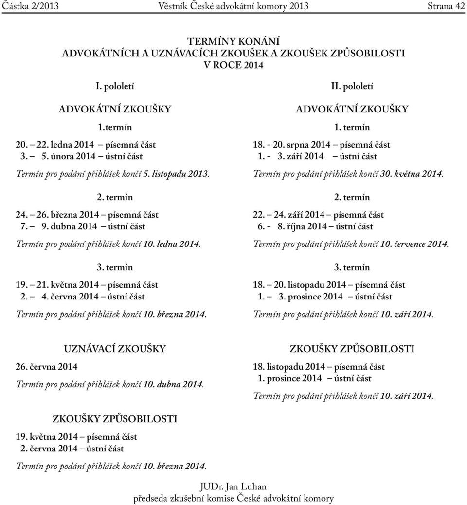 dubna 2014 ústní část Termín pro podání přihlášek končí 10. ledna 2014. 3. termín 19. 21. května 2014 písemná část 2. 4. června 2014 ústní část Termín pro podání přihlášek končí 10. března 2014. II.