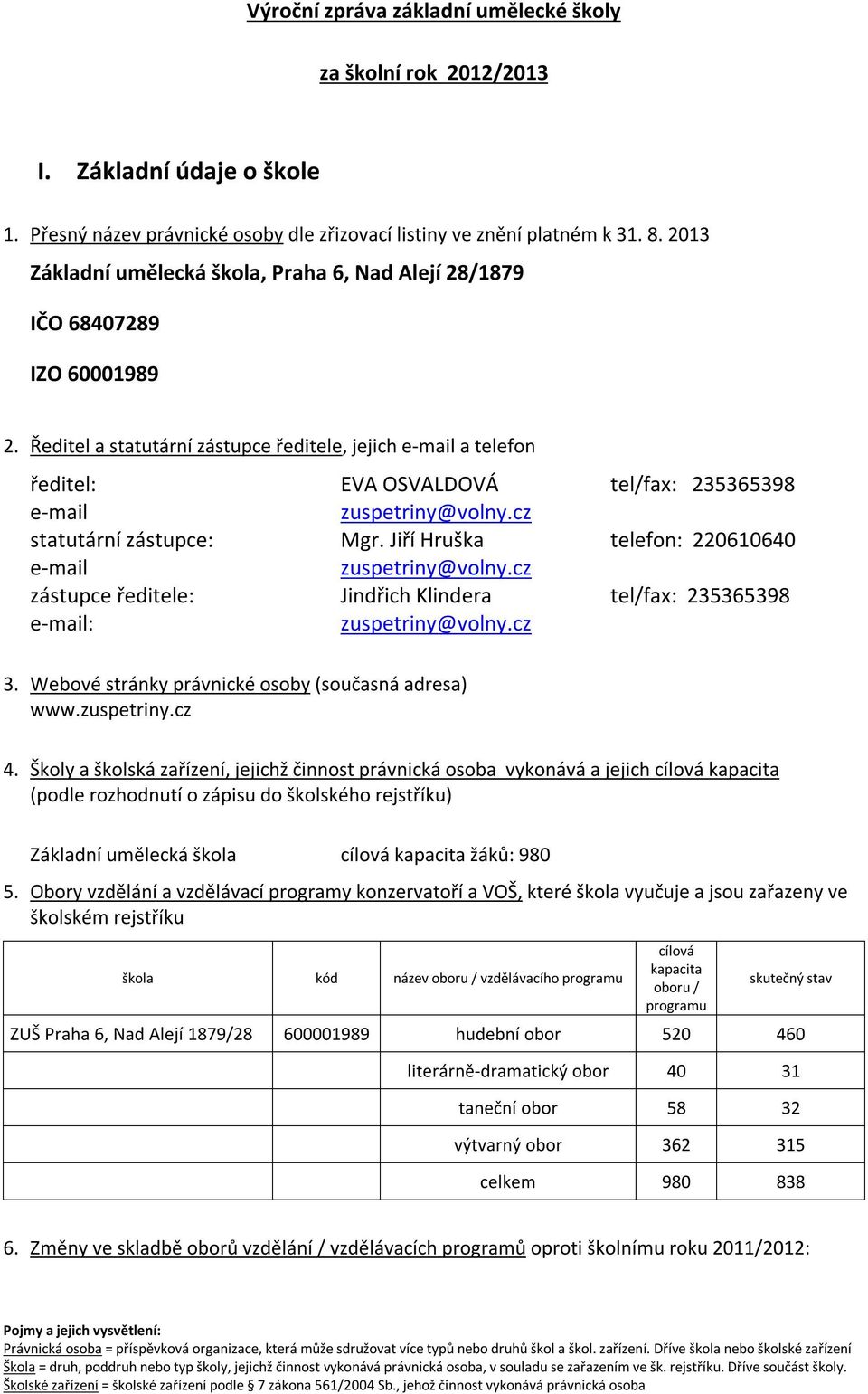 Ředitel a statutární zástupce ředitele, jejich e-mail a telefon ředitel: EVA OSVALDOVÁ tel/fax: 235365398 e-mail zuspetriny@volny.cz statutární zástupce: Mgr.