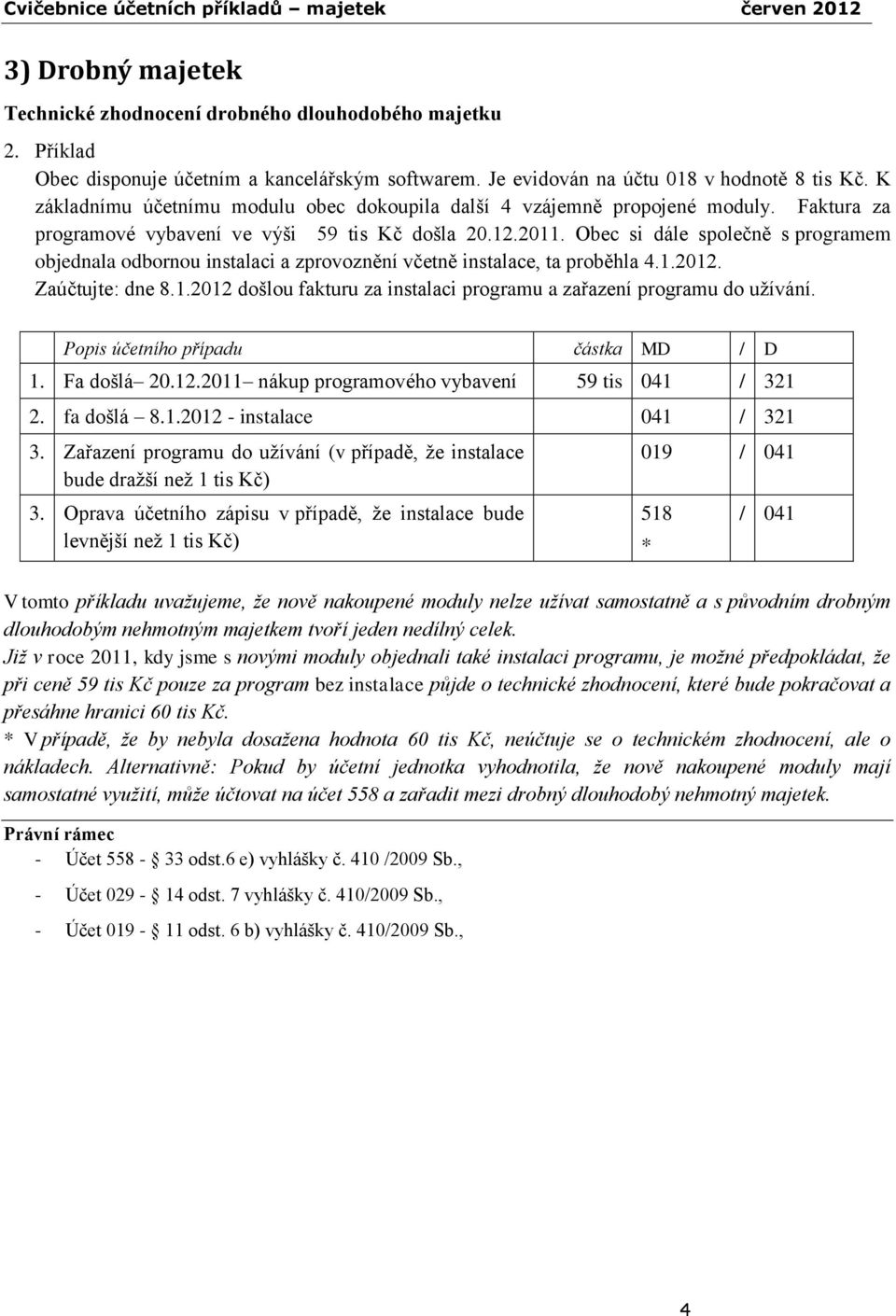 Obec si dále společně s programem objednala odbornou instalaci a zprovoznění včetně instalace, ta proběhla 4.1.2012. Zaúčtujte: dne 8.1.2012 došlou fakturu za instalaci programu a zařazení programu do užívání.