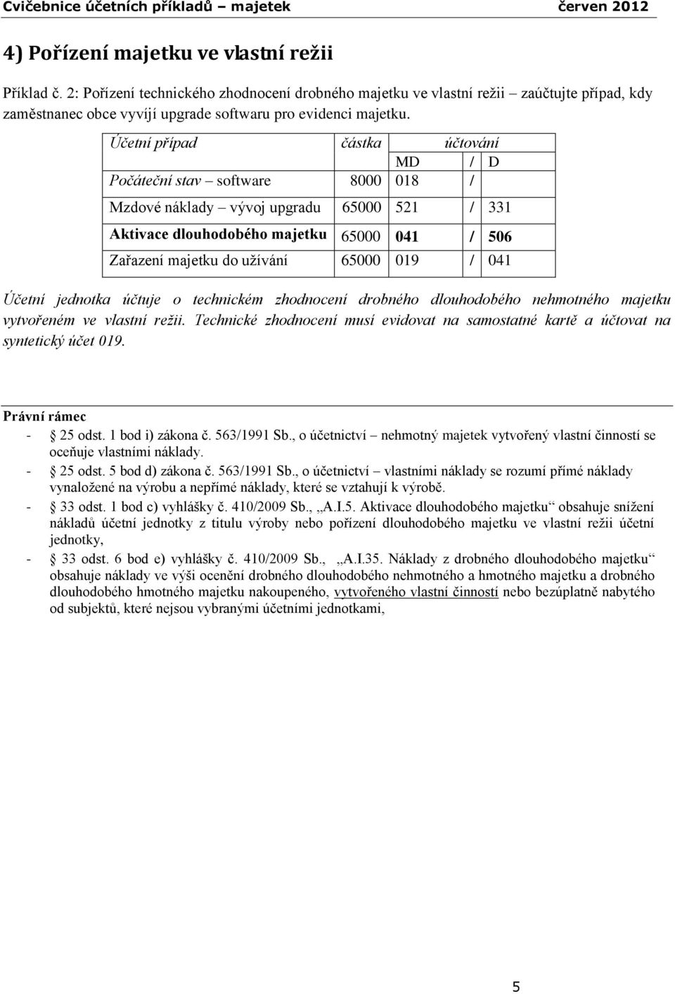 Účetní případ částka účtování MD / D Počáteční stav software 8000 018 / Mzdové náklady vývoj upgradu 65000 521 / 331 Aktivace dlouhodobého majetku 65000 041 / 506 Zařazení majetku do užívání 65000