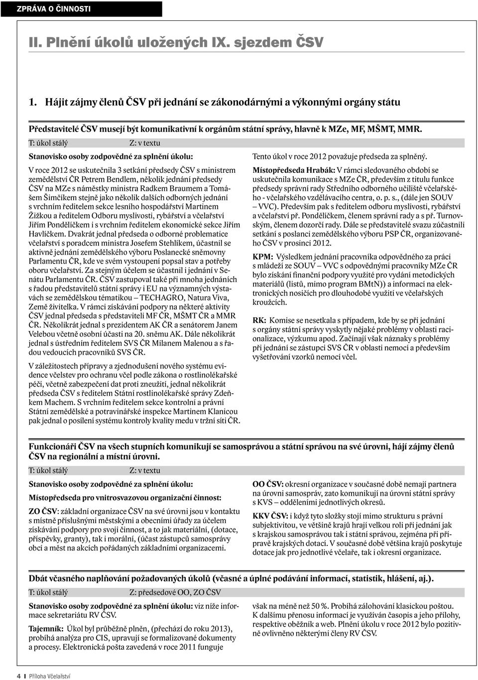 T: úkol stálý Z: v textu V roce 2012 se uskutečnila 3 setkání předsedy ČSV s ministrem zemědělství ČR Petrem Bendlem, několik jednání předsedy ČSV na MZe s náměstky ministra Radkem Braumem a Tomášem