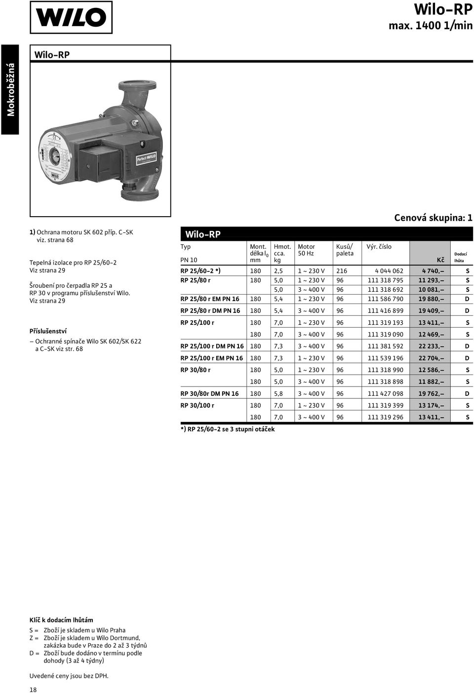 Viz strana 29 Příslušenství Ochranné spínače Wilo SK 602/SK 622 a C-SK viz str. 68 Wilo-RP Cenová skupina: 1 Typ Mont. Hmot. Motor Kusů/ Výr. číslo délka l 0 cca.