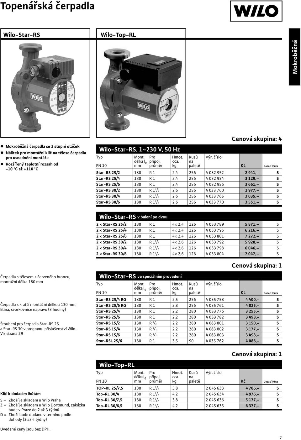 na PN 10 mm průměr kg paletě Kč Dodací lhůta Star-RS 25/2 180 R 1 2,4 256 4 032 952 2 941, S Star-RS 25/4 180 R 1 2,4 256 4 032 954 3 129, S Star-RS 25/6 180 R 1 2,4 256 4 032 956 3 661, S Star-RS