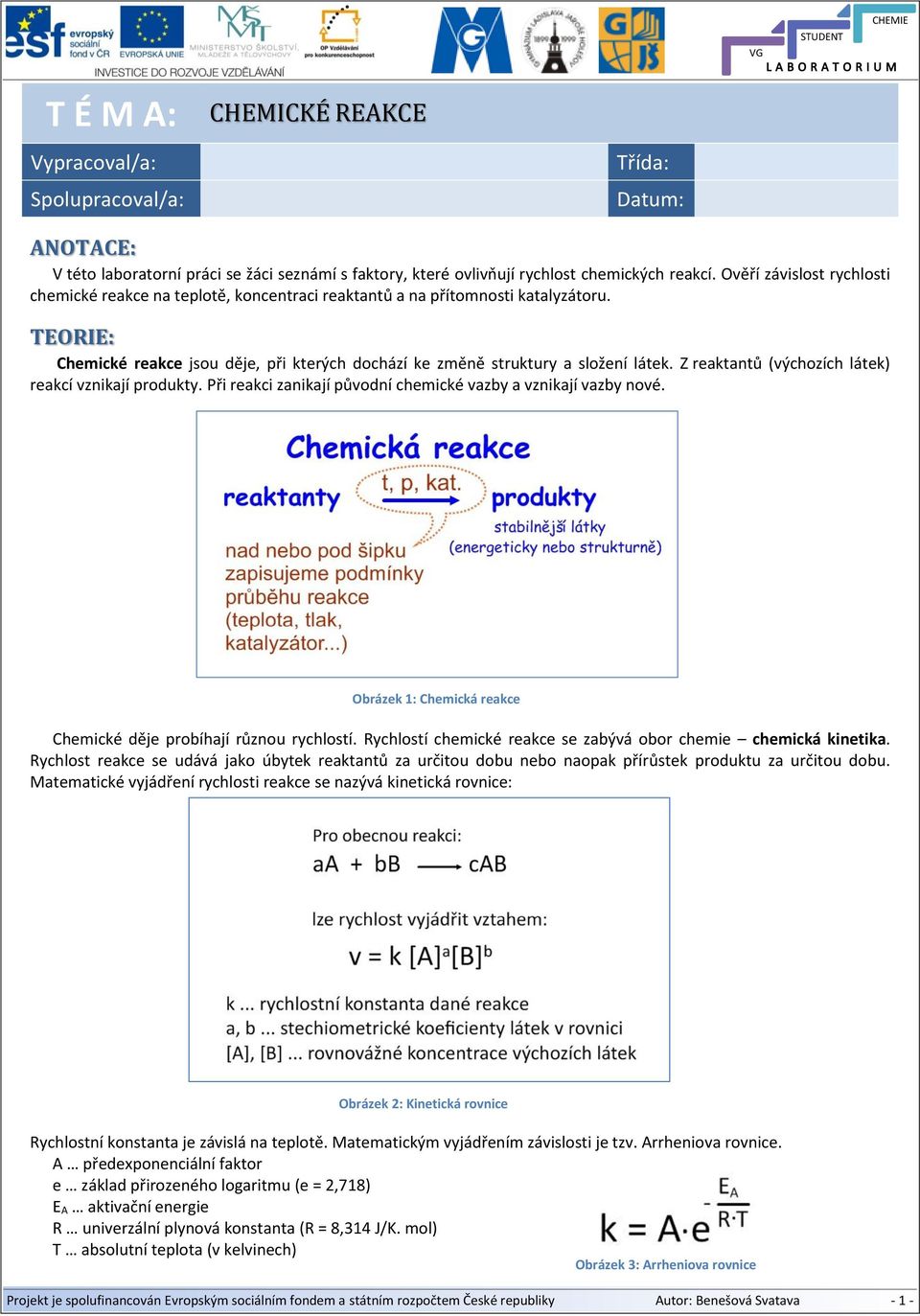 Z reaktantů (výchozích látek) reakcí vznikají produkty. Při reakci zanikají původní chemické vazby a vznikají vazby nové. Obrázek 1: Chemická reakce Chemické děje probíhají různou rychlostí.