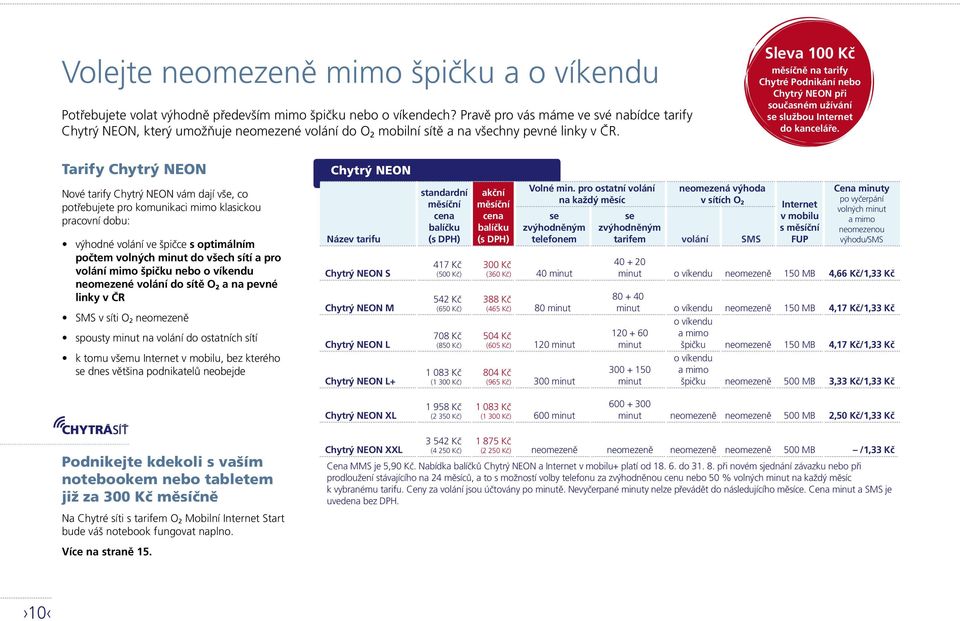 Sleva 100 Kč měsíčně na tarify Chytré Podnikání nebo Chytrý NEON při současném užívání se službou Internet do kanceláře.