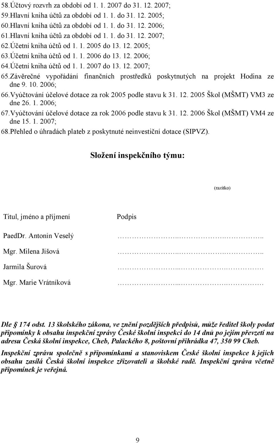 12. 2007; 65.Závěrečné vypořádání finančních prostředků poskytnutých na projekt Hodina ze dne 9. 10. 2006; 66.Vyúčtování účelové dotace za rok 2005 podle stavu k 31. 12.