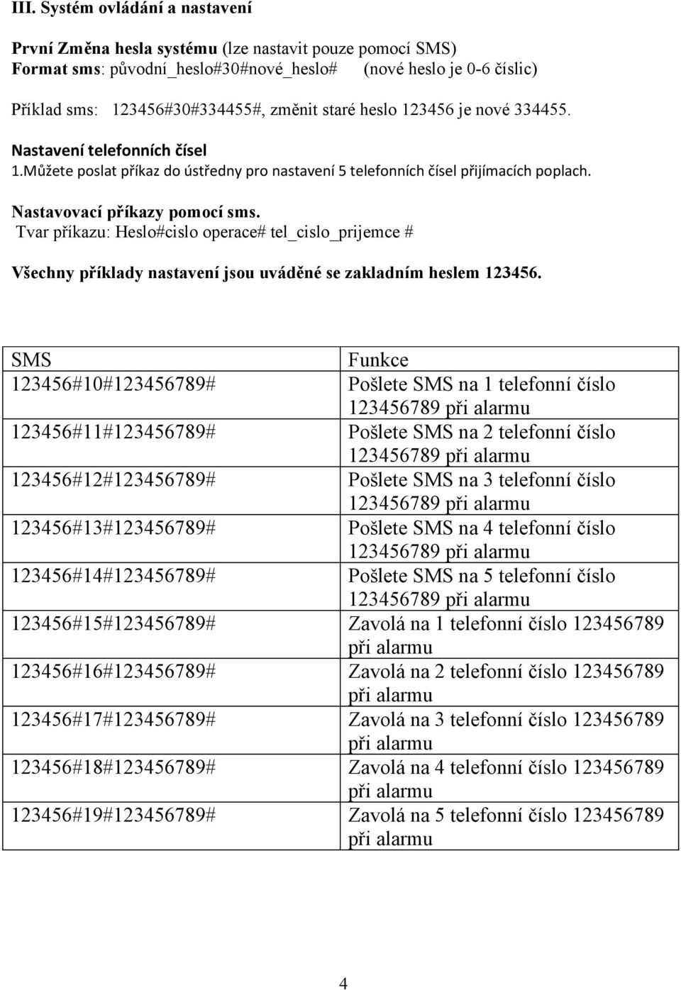 Tvar příkazu: Heslo#cislo operace# tel_cislo_prijemce # Všechny příklady nastavení jsou uváděné se zakladním heslem 123456.