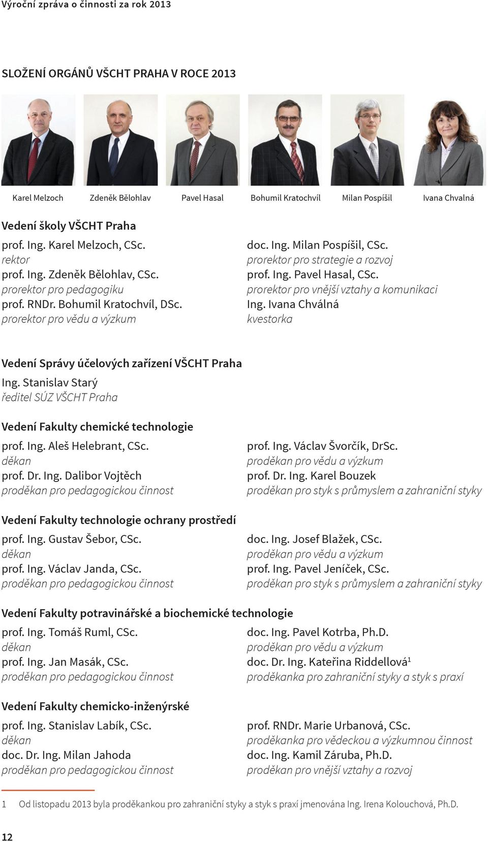 prorektor pro strategie a rozvoj prof. Ing. Pavel Hasal, CSc. prorektor pro vnější vztahy a komunikaci Ing. Ivana Chválná kvestorka Vedení Správy účelových zařízení VŠCHT Praha Ing.