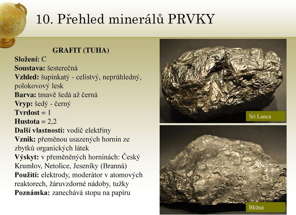 hornin ze zbytků organických látek Výskyt: v přeměněných horninách: Český Krumlov, Netolice, Jeseníky (Branná) Použití: