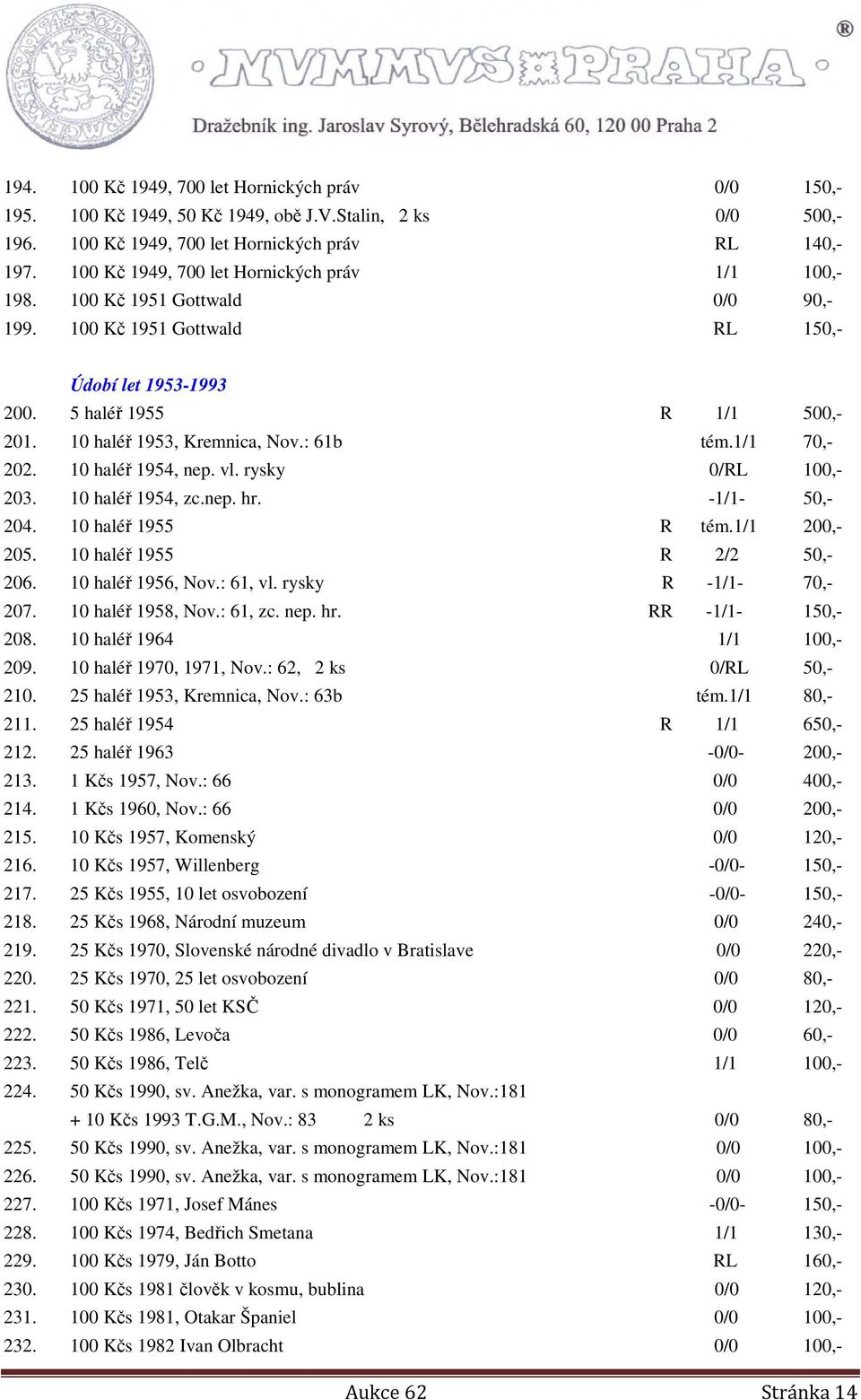 10 haléř 1953, Kremnica, Nov.: 61b tém.1/1 70,- 202. 10 haléř 1954, nep. vl. rysky 0/RL 100,- 203. 10 haléř 1954, zc.nep. hr. -1/1-50,- 204. 10 haléř 1955 R tém.1/1 200,- 205.