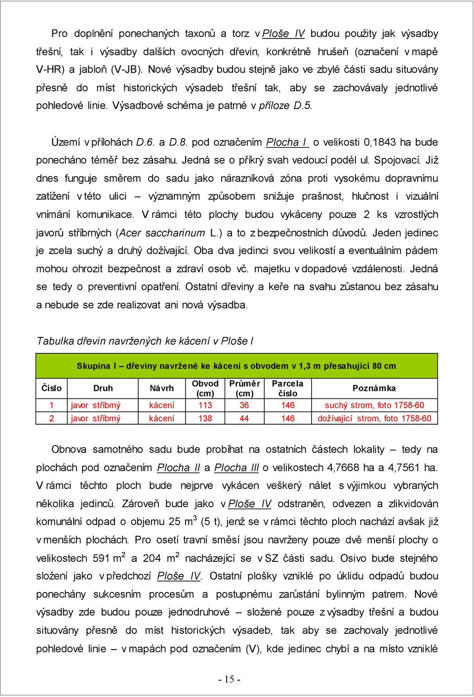 Území v přílohách D.6. a D.8. pod označením Plocha I o velikosti 0,1843 ha bude ponecháno téměř bez zásahu. Jedná se o příkrý svah vedoucí podél ul. Spojovací.