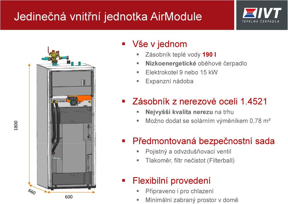 4521 Nejvyšší kvalita nerezu na trhu Možno dodat se solárním výměníkem 0,78 m² Předmontovaná bezpečnostní sada