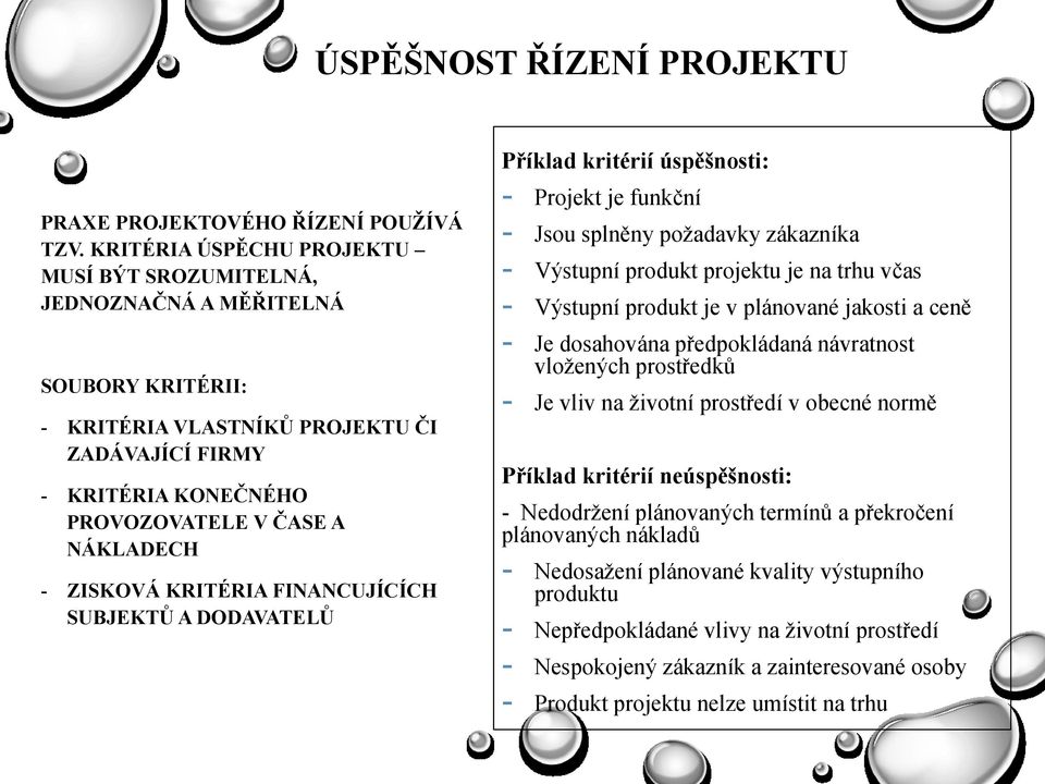 ZISKOVÁ KRITÉRIA FINANCUJÍCÍCH SUBJEKTŮ A DODAVATELŮ Příklad kritérií úspěšnosti: - Projekt je funkční - Jsou splněny poţadavky zákazníka - Výstupní produkt projektu je na trhu včas - Výstupní