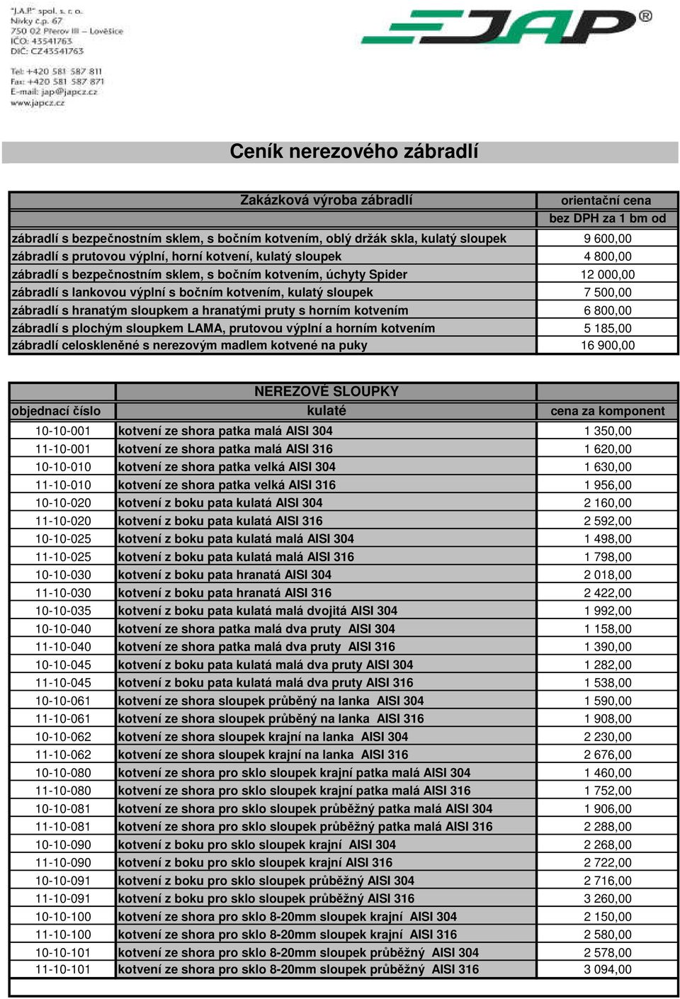 zábradlí s hranatým sloupkem a hranatými pruty s horním kotvením 6 800,00 zábradlí s plochým sloupkem LAMA, prutovou výplní a horním kotvením 5 185,00 zábradlí celoskleněné s nerezovým madlem kotvené