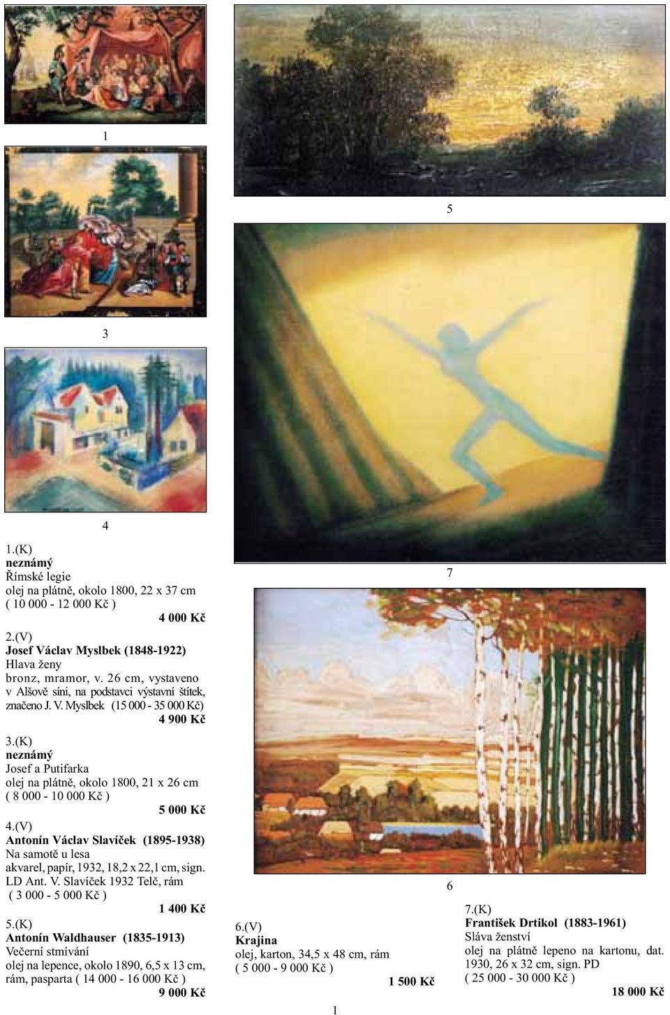 (K) neznámý Josef a Putifarka olej na plátně, okolo 1800, 21 x 26 cm ( 8 000-10 000 Kč ) 5 000 Kč 4.(V) Antonín Václav Slavíček (1895-1938) Na samotě u lesa akvarel, papír, 1932, 18,2 x 22,1 cm, sign.