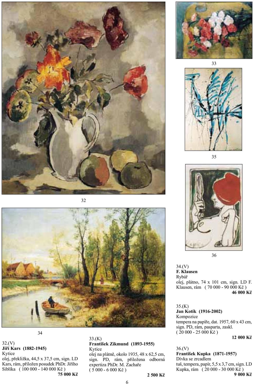 (K) František Zikmund (1893-1955) Kytice olej na plátně, okolo 1935, 48 x 62,5 cm, sign. PD, rám, přiložena odborná expertiza PhDr. M. Zachaře ( 5 000-6 000 Kč ) 2 500 Kč 6 35.