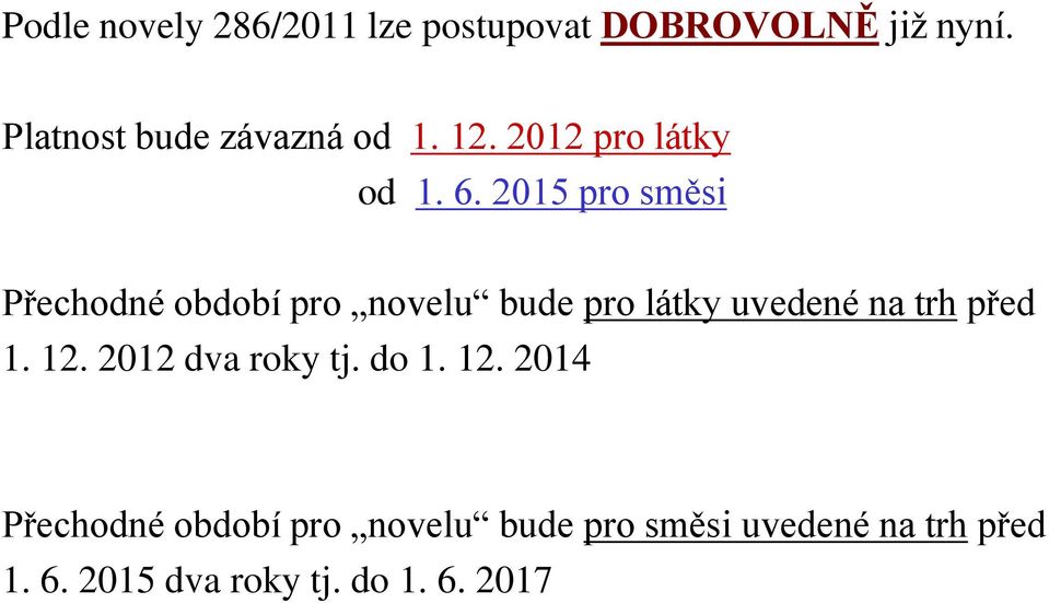 2015 pro směsi Přechodné období pro novelu bude pro látky uvedené na trh před 1.