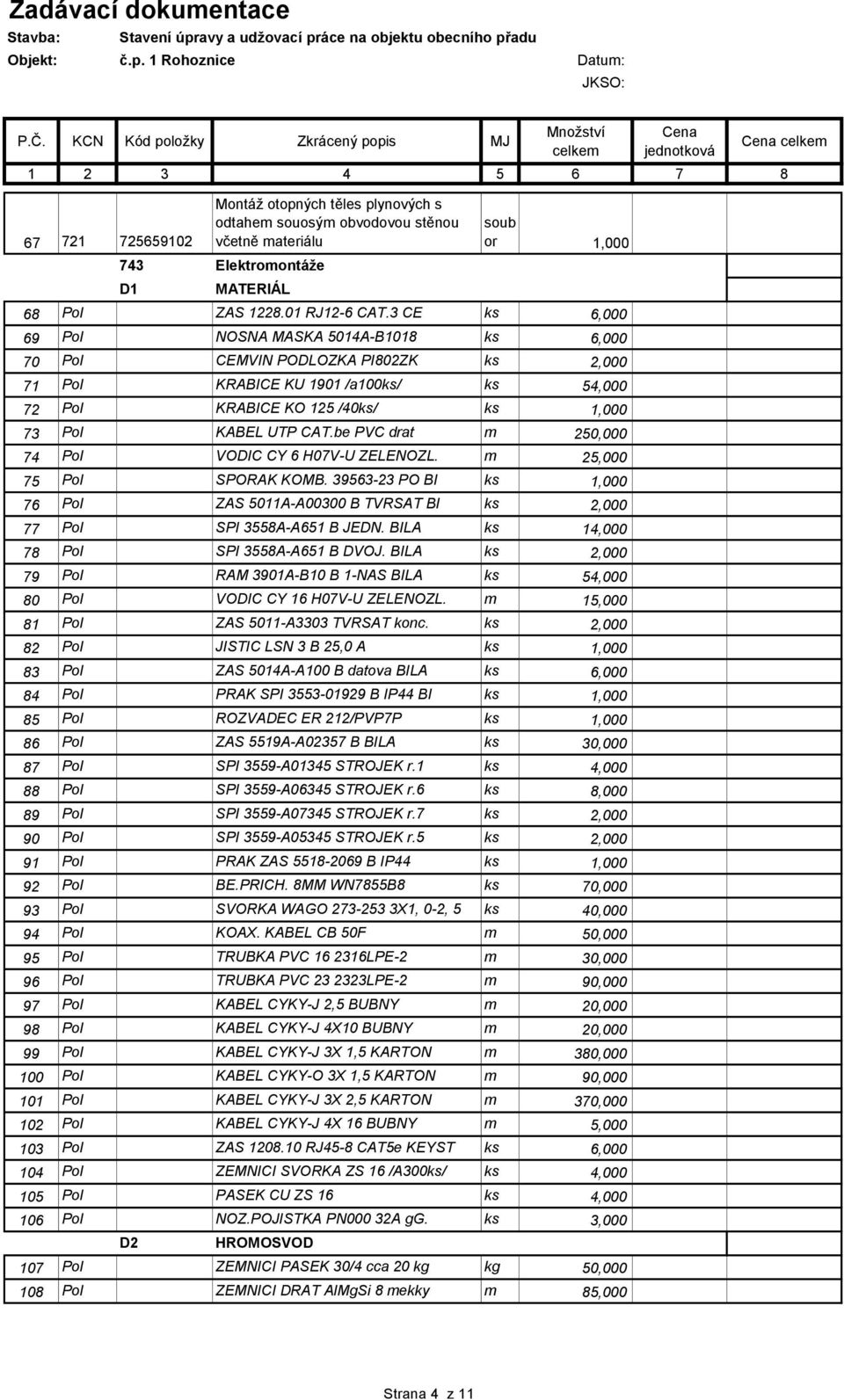 be PVC drat m 250,000 74 Pol VODIC CY 6 H07V-U ZELENOZL. m 25,000 75 Pol SPORAK KOMB. 39563-23 PO BI ks 1,000 76 Pol ZAS 5011A-A00300 B TVRSAT BI ks 2,000 77 Pol SPI 3558A-A651 B JEDN.