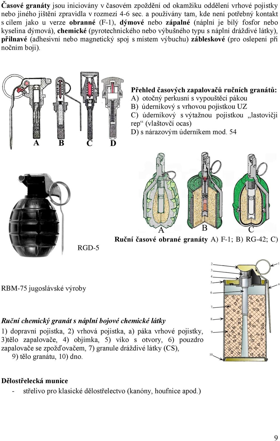 dráţdivé látky), přilnavé (adhesivní nebo magnetický spoj s místem výbuchu) zábleskové (pro oslepení při nočním boji).