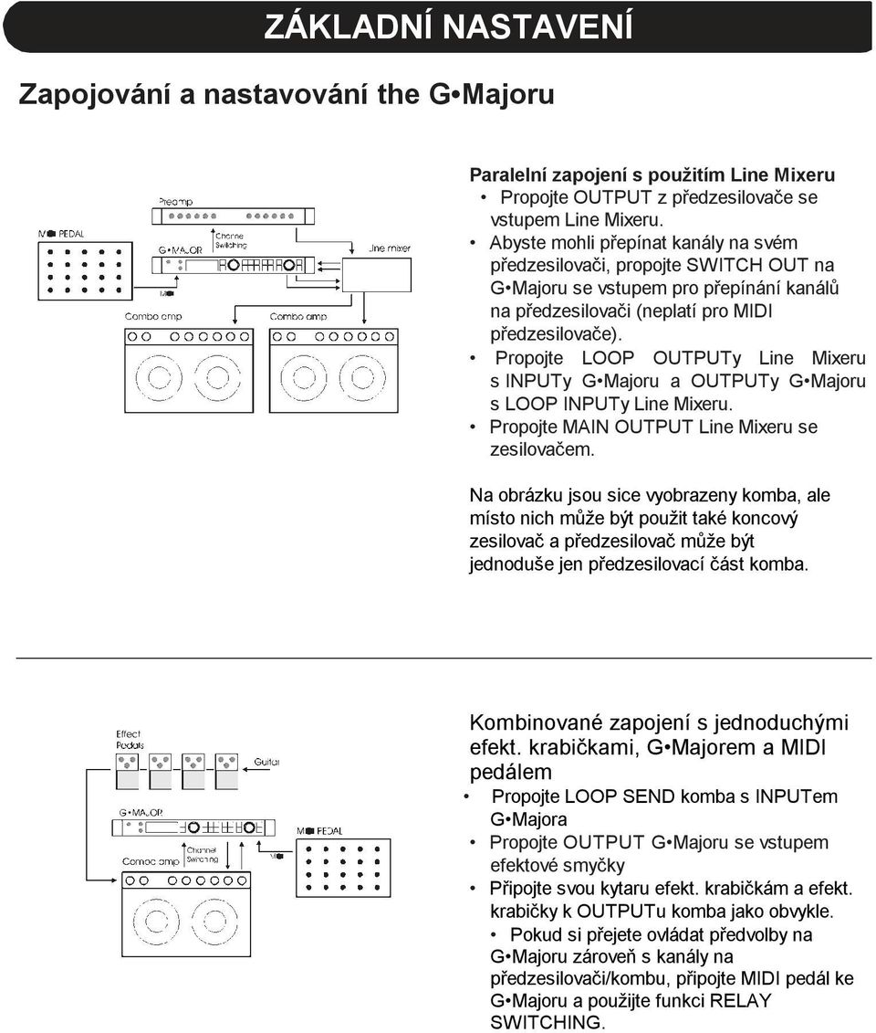 Propojte LOOP OUTPUTy Line Mixeru s INPUTy G Majoru a OUTPUTy G Majoru s LOOP INPUTy Line Mixeru. Propojte MAIN OUTPUT Line Mixeru se zesilovačem.