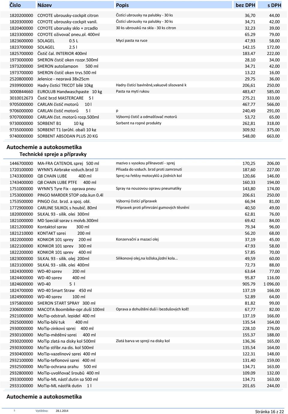 400ml 6,29 79,00 1823600000 SOLAGEL 0. L Mycí pasta na ruce 47,93 8,00 1823700000 SOLAGEL 2. l 142,1 172,00 182700000 Čistič čal. INTERIOR 400ml 183,47 222,00 1973000000 SHERON čistič oken rozpr.