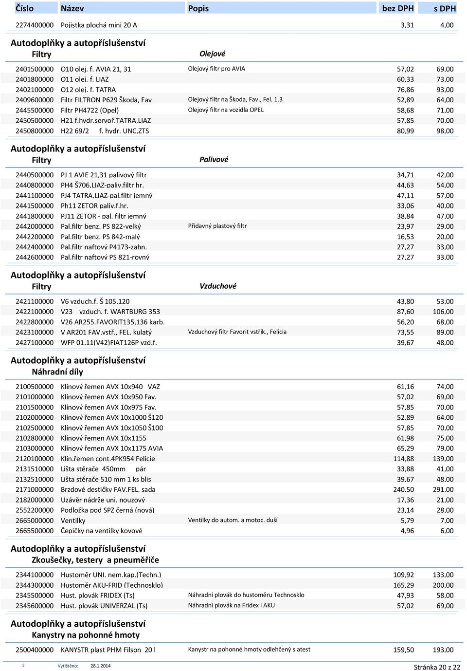 UNC,ZTS 80,99 98,00 Filtry Palivové 244000000 PJ 1 AVIE 21,31 palivový filtr 34,71 42,00 2440800000 PH4 Š706,LIAZ-paliv.filtr hr. 44,63 4,00 2441100000 PJ4 TATRA,LIAZ-pal.