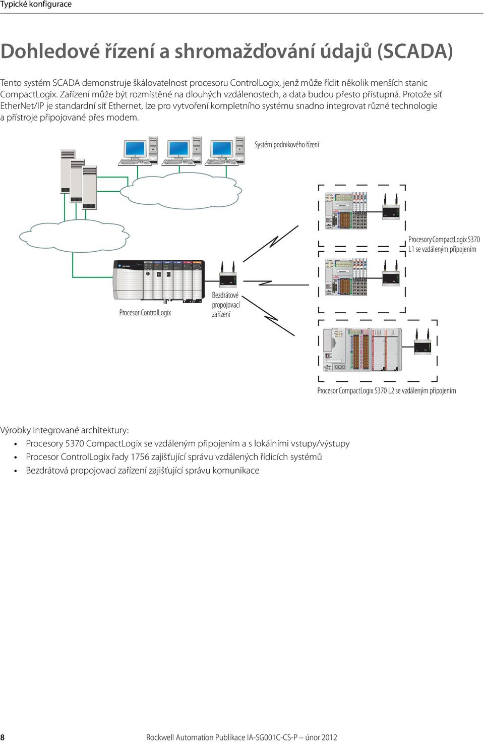 Protože síť EtherNet/IP je standardní síť Ethernet, lze pro vytvoření kompletního systému snadno integrovat různé technologie a přístroje připojované přes modem.