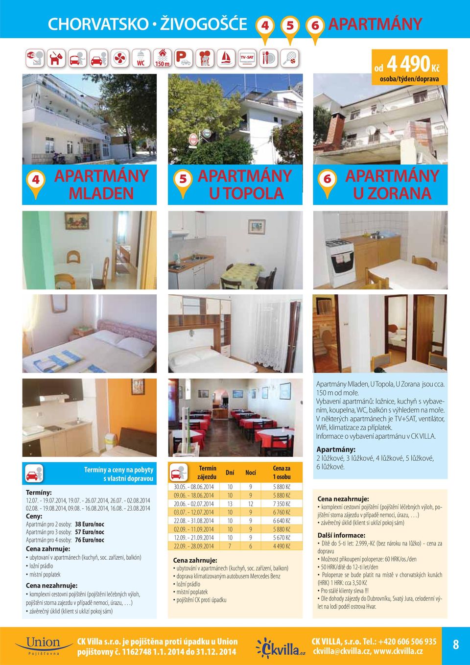 2014 02.08. - 19.08.2014, 09.08. - 16.08.2014, 16.08. - 23.08.2014 Ceny: Apartmán pro 2 osoby: 38 Euro/noc Apartmán pro 3 osoby: 57 Euro/noc Apartmán pro 4 osoby: 76 Euro/noc ubytovaní v apartmánech (kuchyň, soc.