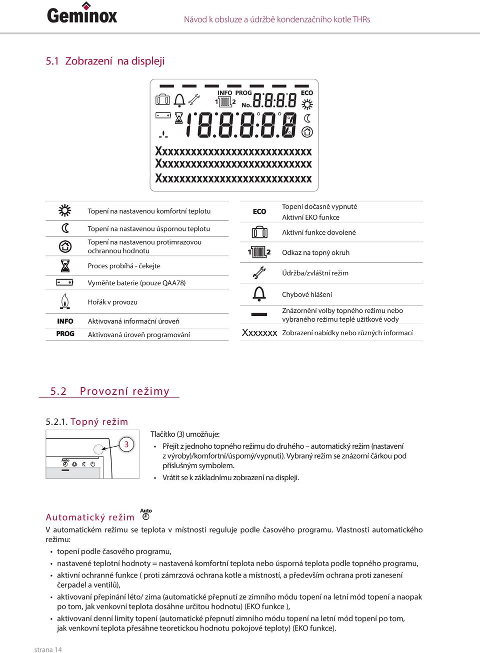 (pouze QAA78) Hořák v provozu Aktivovaná informační úroveň Aktivovaná úroveň programování Topení dočasně vypnuté Aktivní EKO funkce Aktivní funkce dovolené Odkaz na topný okruh Údržba/zvláštní režim