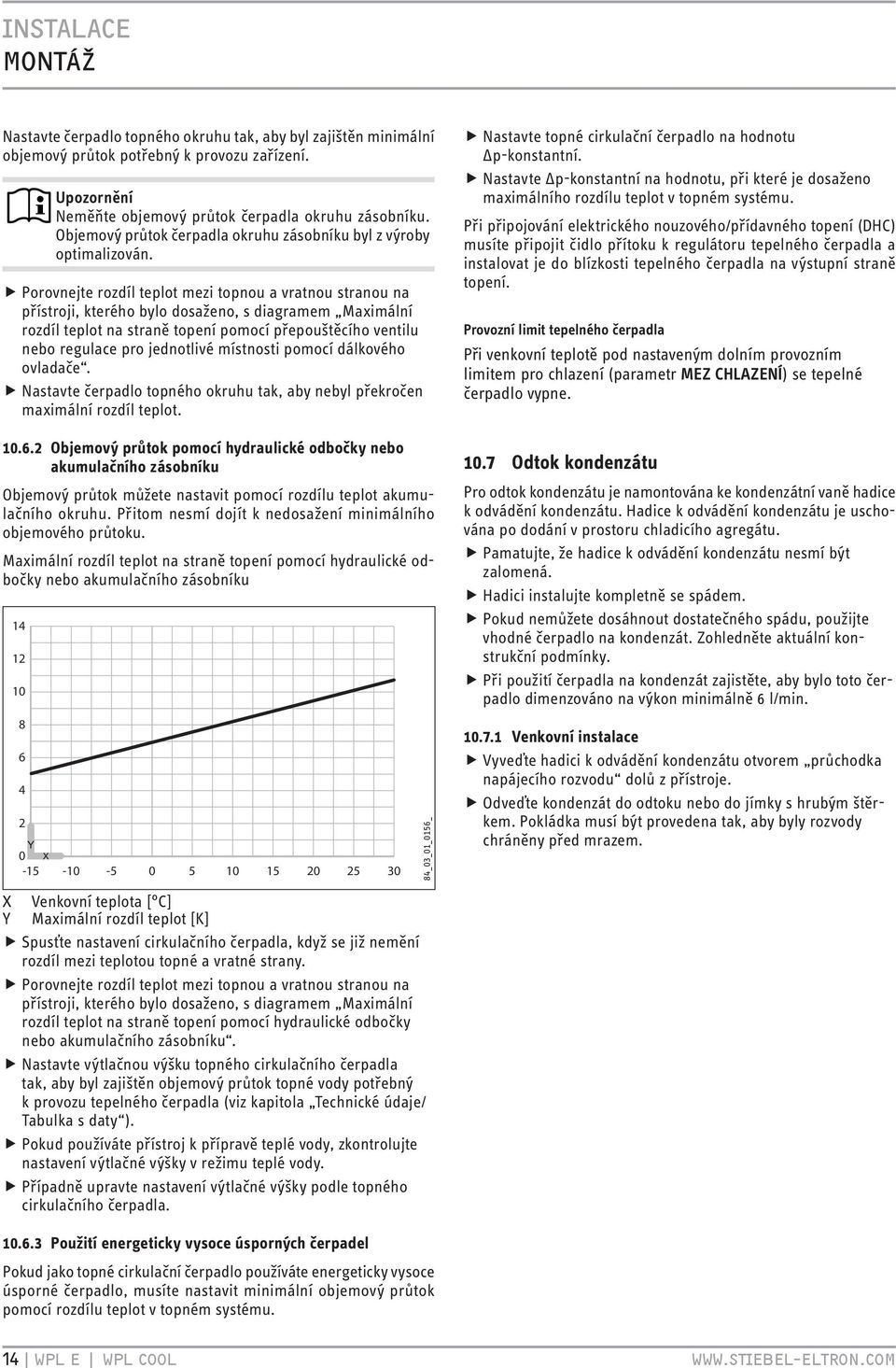 ffporovnejte rozdíl teplot mezi topnou a vratnou stranou na přístroji, kterého bylo dosaženo, s diagramem Maximální rozdíl teplot na straně topení pomocí přepouštěcího ventilu nebo regulace pro