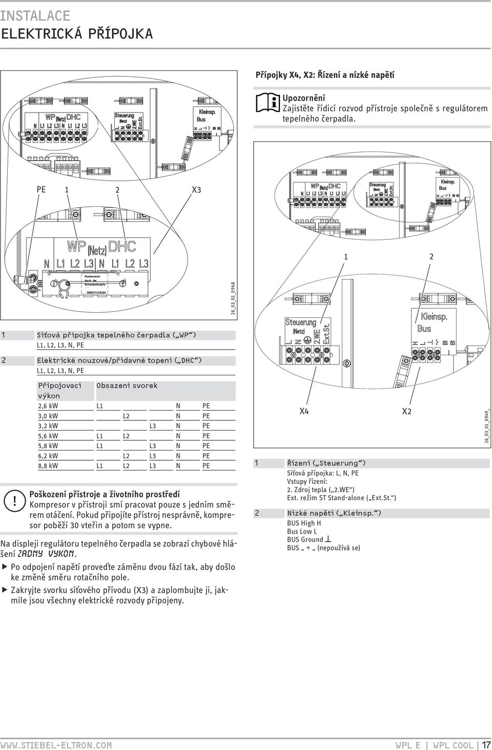 Připojovací Obsazení svorek výkon 2,6 kw L N PE 3,0 kw L2 N PE 3,2 kw L3 N PE 5,6 kw L L2 N PE 5,8 kw L L3 N PE 6,2 kw L2 L3 N PE 8,8 kw L L2 L3 N PE Poškození přístroje a životního prostředí