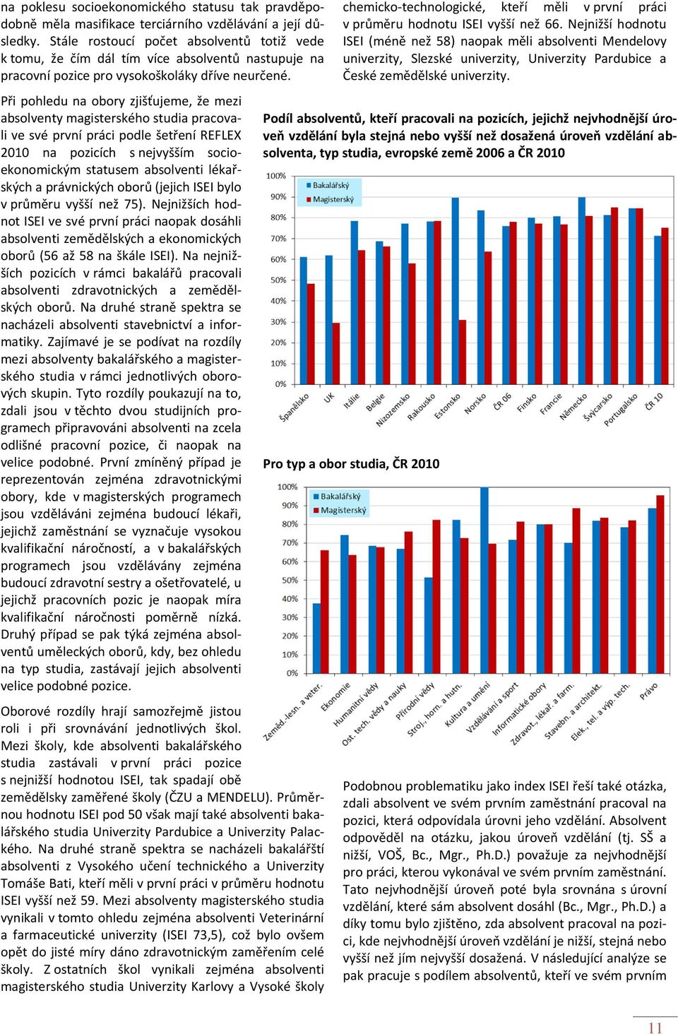 Při pohledu na obory zjišťujeme, že mezi absolventy magisterského studia pracovali ve své první práci podle šetření REFLEX 2010 na pozicích s nejvyšším socioekonomickým statusem absolventi lékařských