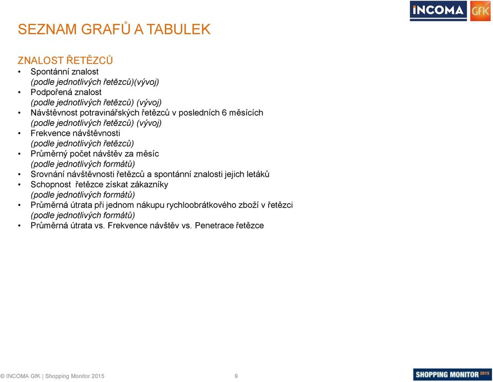 formátů) Srovnání návštěvnosti řetězců a spontánní znalosti jejich letáků Schopnost řetězce získat zákazníky (podle jednotlivých formátů) Průměrná útrata při