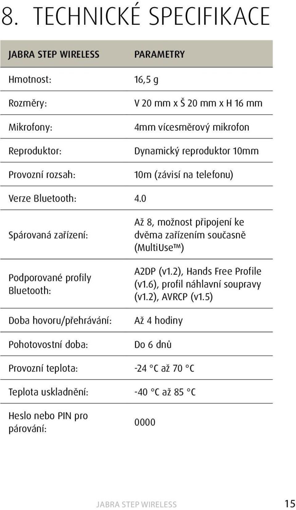 0 Spárovaná zařízení: Podporované profily Bluetooth: Doba hovoru/přehrávání: Pohotovostní doba: Až 8, možnost připojení ke dvěma zařízením současně