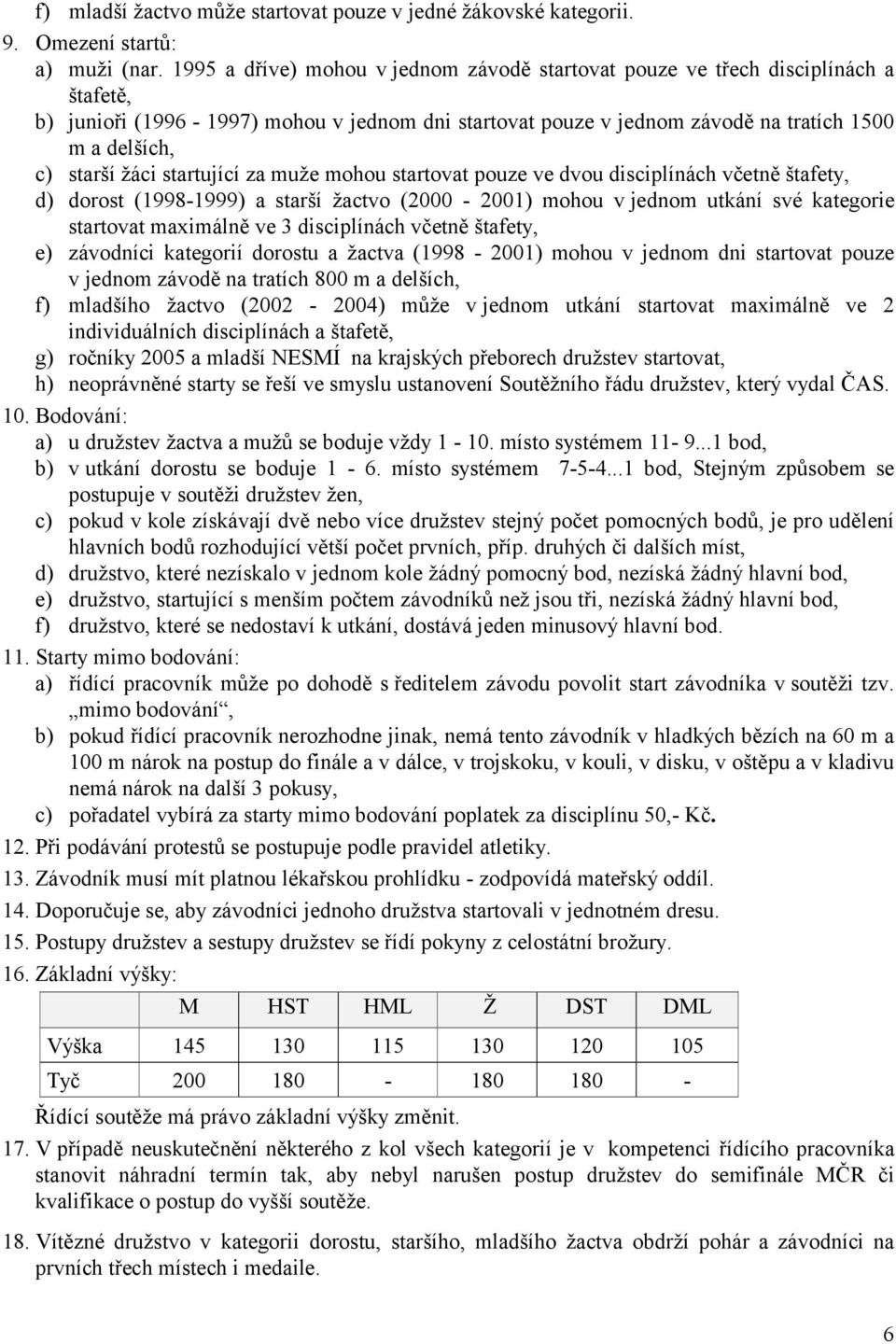 žáci startující za muže mohou startovat pouze ve dvou disciplínách včetně štafety, d) dorost (1998-1999) a starší žactvo (2000-2001) mohou v jednom utkání své kategorie startovat maximálně ve 3