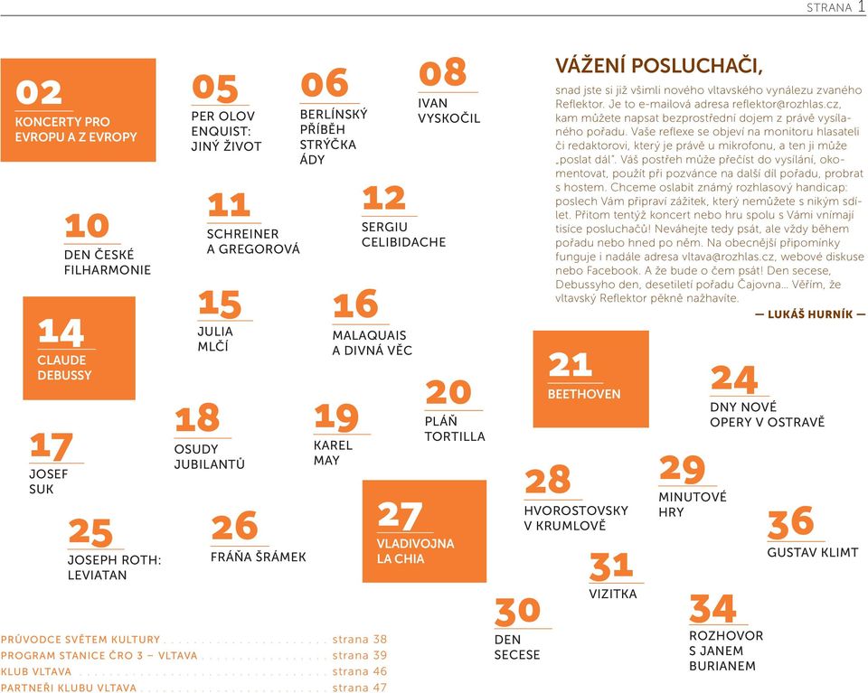 ........................ strana 47 08 IVAN VYSKOČIL DEBUSSY 21 20 18 19 PLÁŇ TORTILLA OSUDY KAREL JUBILANTŮ MAY 17 JOSEF SUK 25 JOSEPH ROTH: LEVIATAN 05 PER OLOV ENQUIST: JINÝ ŽIVOT 11 SCHREINER A