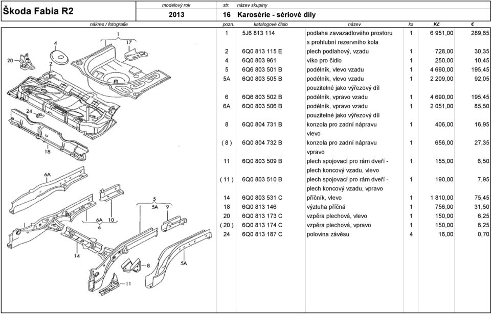 čidlo 1 250,00 10,45 5 6Q6 803 501 B podélník, vlevo vzadu 1 4 690,00 195,45 5A 6Q0 803 505 B podélník, vlevo vzadu 1 2 209,00 92,05 pouzitelné jako výřezový díl 6 6Q6 803 502 B podélník, vpravo