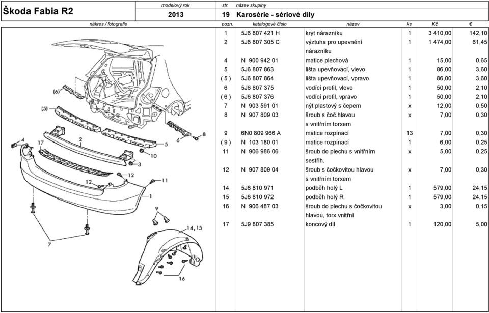 upevňovací, vlevo 1 ( 5 ) 5J6 807 864 lišta upevňovací, vpravo 1 6 5J6 807 375 vodící profil, vlevo 1 ( 6 ) 5J6 807 376 vodící profil, vpravo 1 7 N 903 591 01 nýt plastový s čepem x 8 N 907 809 03
