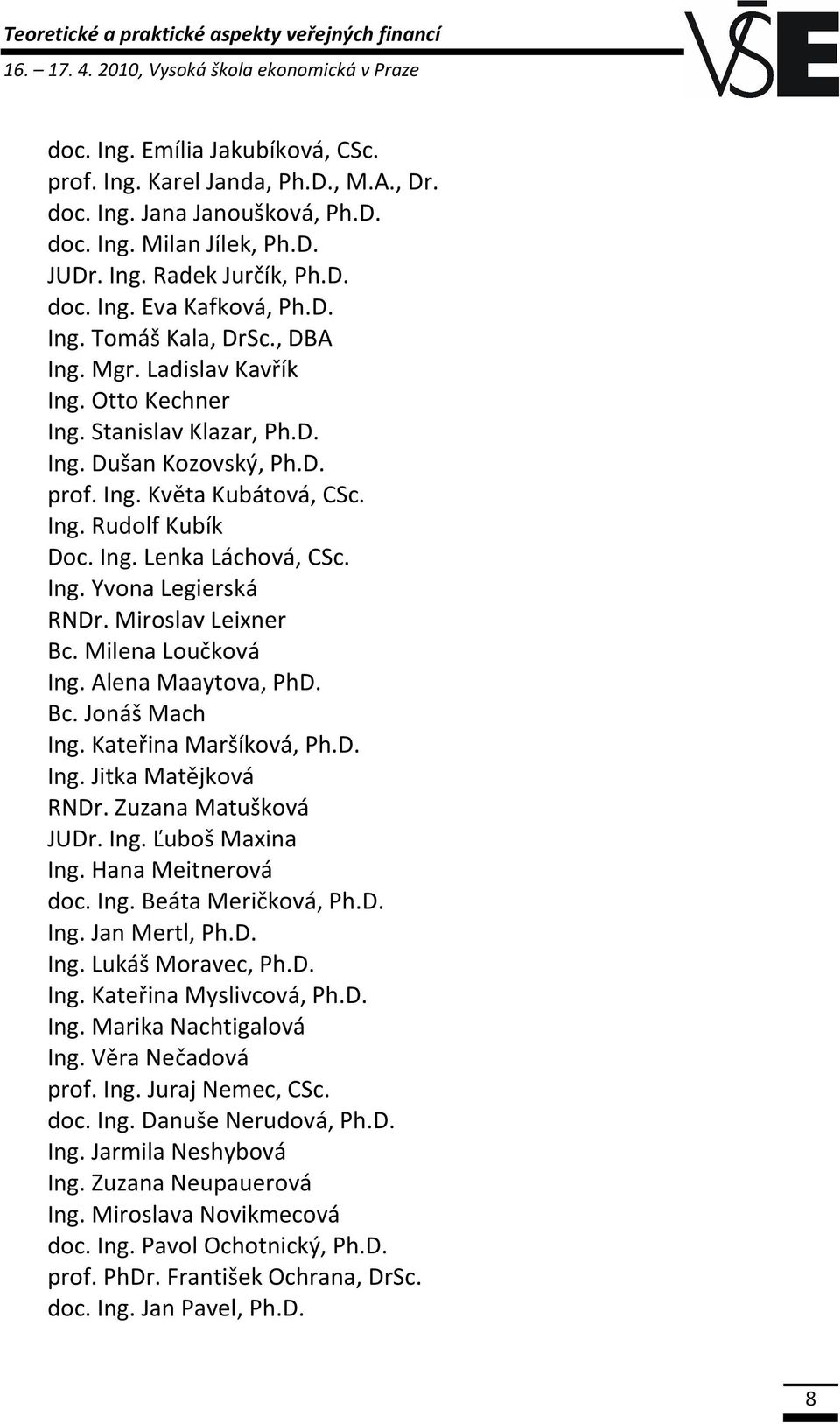 D. prof. Ing. Květa Kubátová, CSc. Ing. Rudolf Kubík Doc. Ing. Lenka Láchová, CSc. Ing. Yvona Legierská RNDr. Miroslav Leixner Bc. Milena Loučková Ing. Alena Maaytova, PhD. Bc. Jonáš Mach Ing.