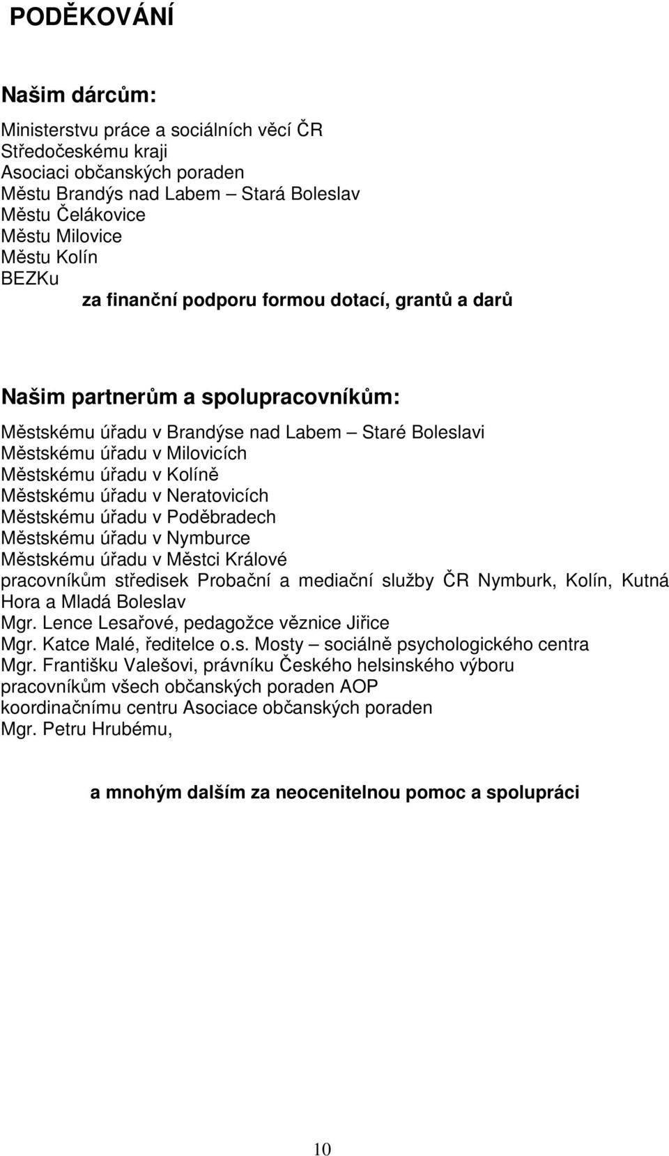 Městskému úřadu v Neratovicích Městskému úřadu v Poděbradech Městskému úřadu v Nymburce Městskému úřadu v Městci Králové pracovníkům středisek Probační a mediační služby ČR Nymburk, Kolín, Kutná Hora