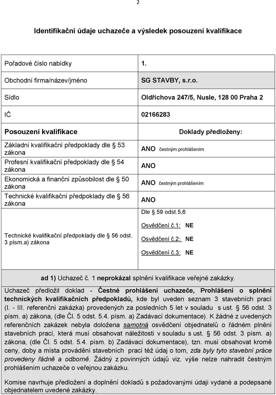 Uchazeč předložil doklad - Čestné prohlášení uchazeče, Prohlášení o splnění technických kvalifikačních předpokladů, kde byl uveden seznam 3 stavebních prací (I. - III.