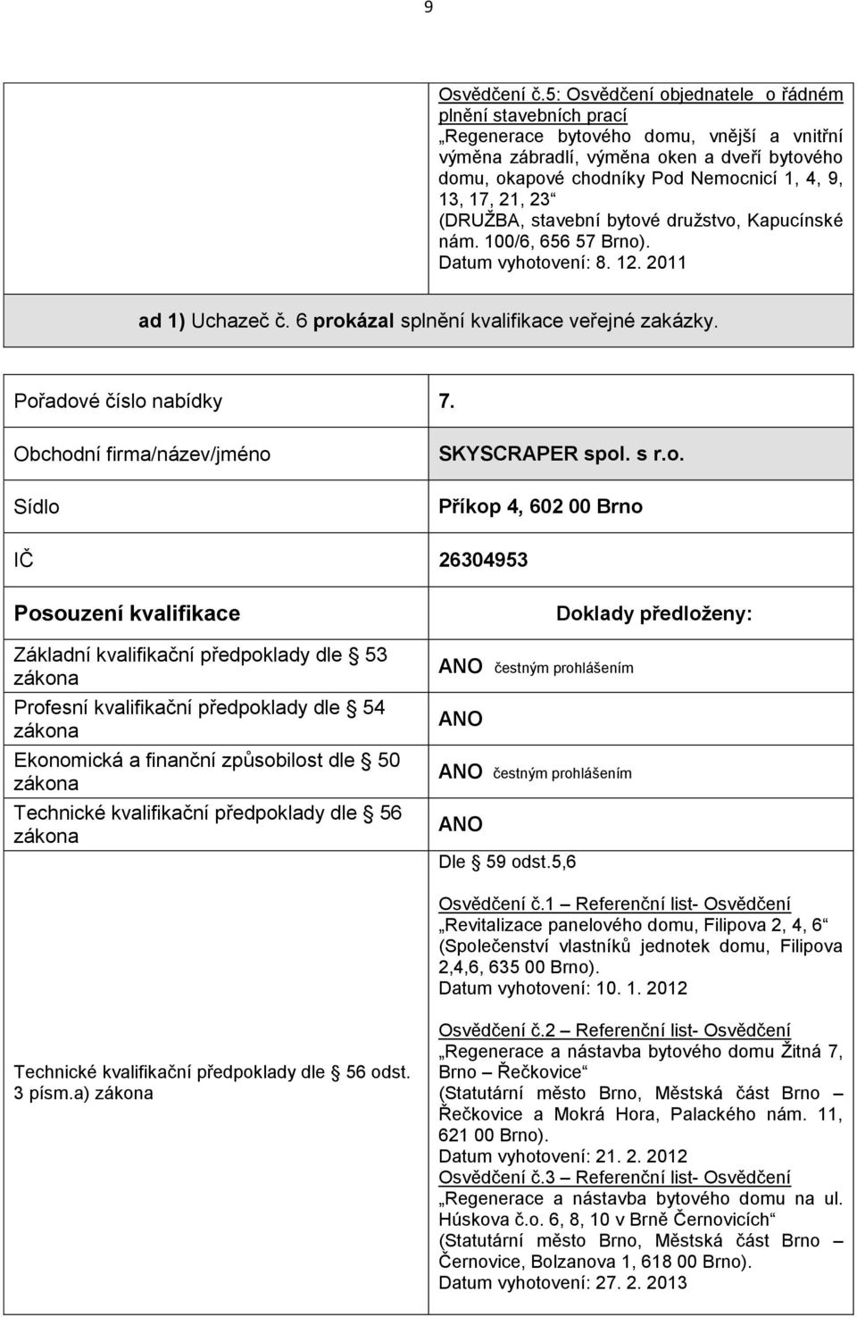 17, 21, 23 (DRUŽBA, stavební bytové družstvo, Kapucínské nám. 100/6, 656 57 Brno). Datum vyhotovení: 8. 12. 2011 ad 1) Uchazeč č. 6 prokázal splnění kvalifikace veřejné zakázky.