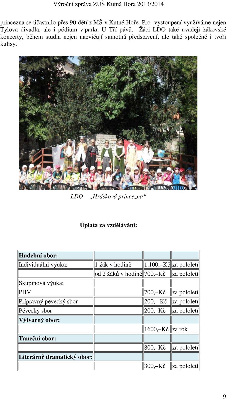 LDO Hrášková princezna Úplata za vzdělávání: Hudební obor: Individuální výuka: 1 žák v hodině 1.