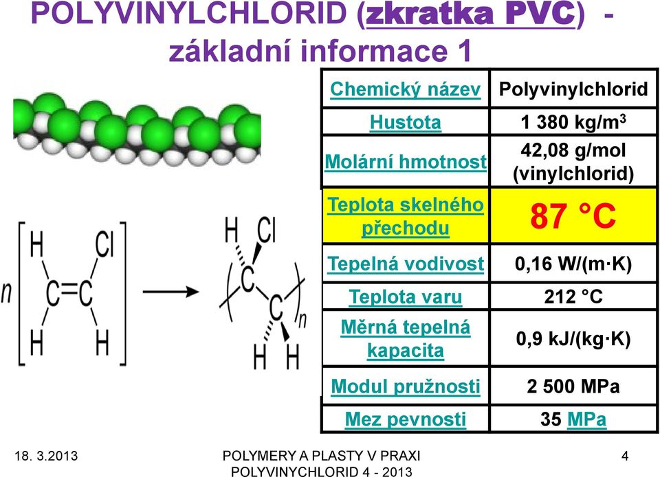 (vinylchlorid) Teplota skelného přechodu 87 C Tepelná vodivost 0,16 W/(m K)